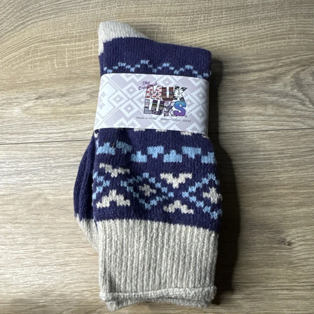 MUK LUKS Crew Socks Women OS Blue Tan 3 Pack‎ Argyle Fair Isle Striped Knit Soft